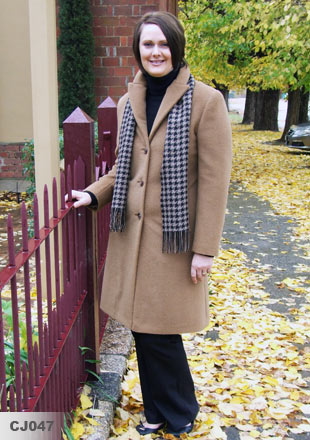Mon Repos Stella Coat  72% Baby Alpaca/28% Wool - Camel, Red & Black - $699 / Piura H/B Scarf  100% Baby Alpaca - Camel/Black, Black/White & Olive/Cream - $99